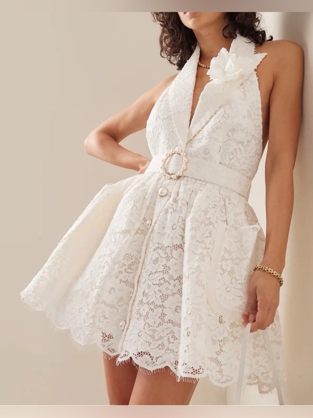Lace Tuxedo Mini Dress with Pearl buttons and belt